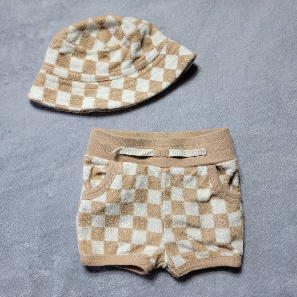 Star Wars Baby Terry Cloth Checkered Shorts & Bucket Hat Set Tan White 6-9M 12M